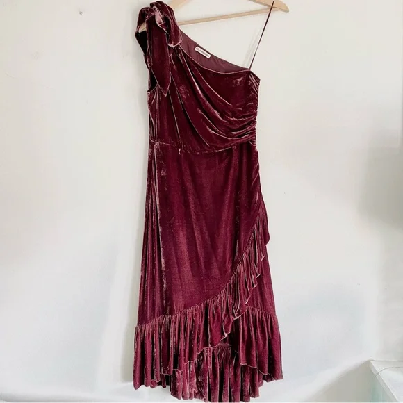 Ulla Johnson Elisa One Shoulder Bow Velvet Midi Dress Puce Dark Cherry Red Sz 4 - Picture 2 of 14